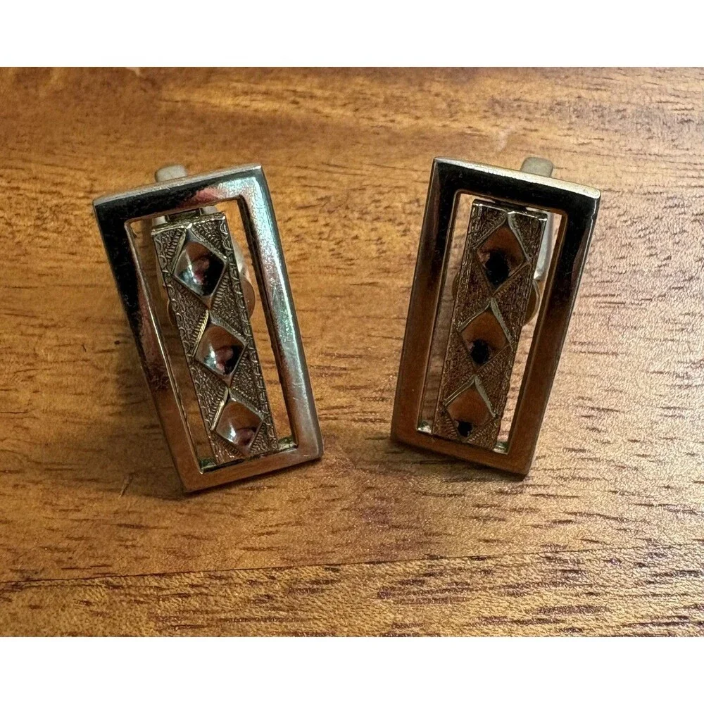 Vintage Hickok USA Gold Tone Rectangle Textured Diamond Cufflinks Bullet Back